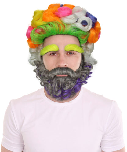 HPO Men's Colorful Afro Wig With Beard & Mustache Set, Perfect For Halloween, Flame-Retardant Synthetic Fiber