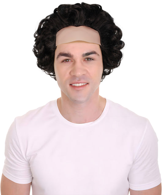 HPO Men's Short Curly Half-Bald Wig, Perfect For Halloween, Flame-Retardant Synthetic Fiber