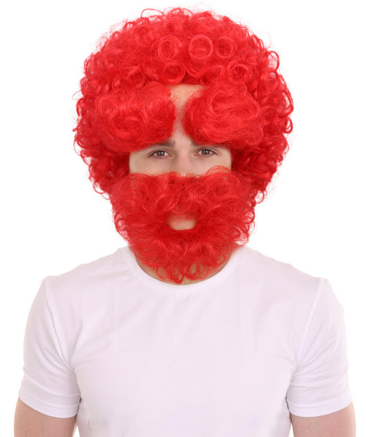 HPO Men's Red Afro wig With Mustache, Perfect for Halloween, Flame-retardant Synthetic Fiber