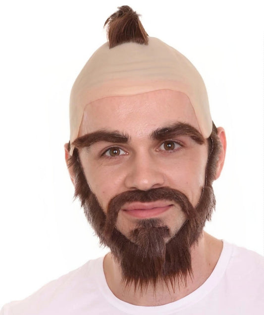 Fighter Game Wig | Mens Short Length Brown Straight Mohawk and Beard Cosplay Wig