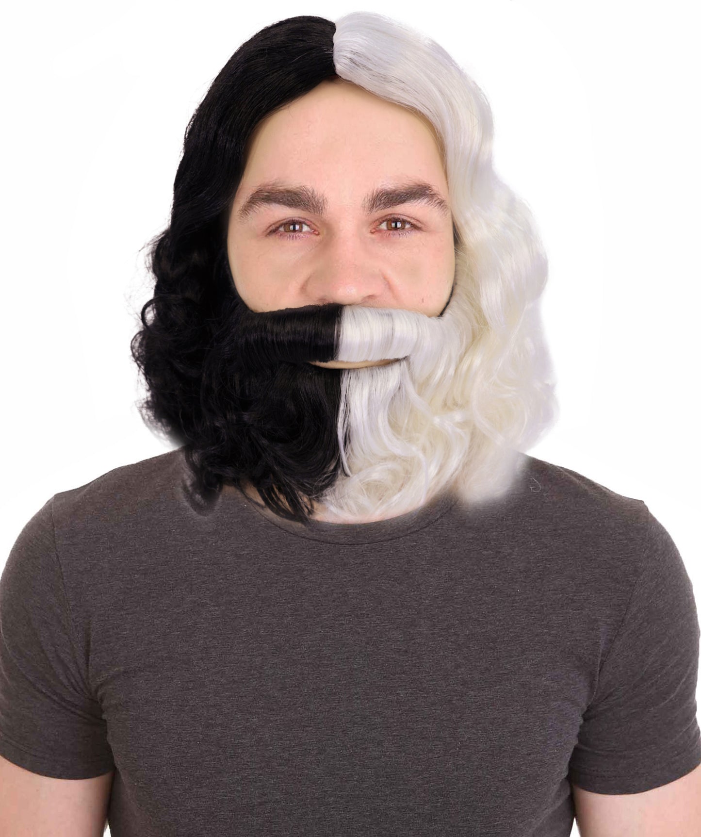 Men's Dark Brown Color Wavy Shoulder Length Lumber Jack Wig with Full Mustache and Beard