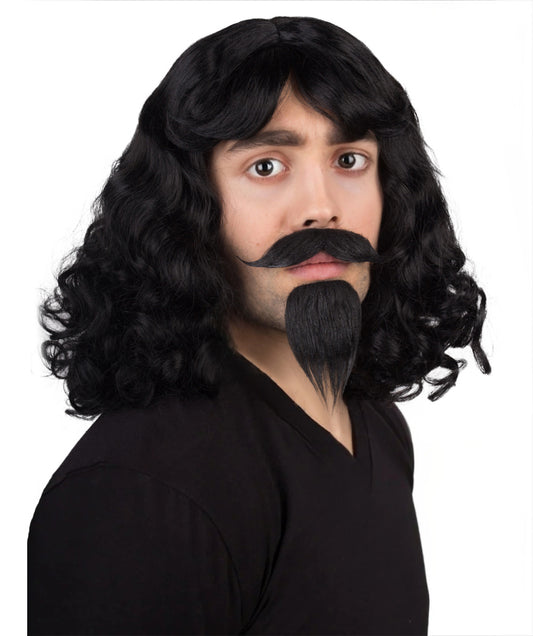 Muskateer | Men's Black Color Wavy Shoulder Length Muskateer Wig with Mustache and Goatee