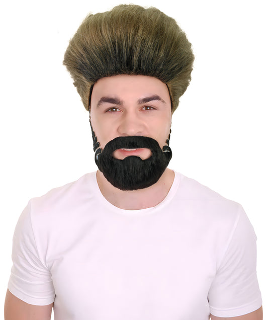 Men's 10" Inch Short Length Straight Halloween Pyromaniac Beach Bum Flicker Character Costume Wig, Synthetic Soft Fiber Hair with Black Beard | HPO