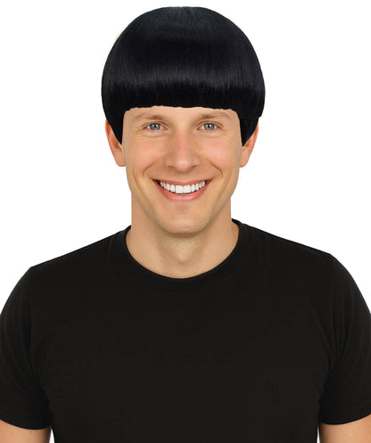 HPO Men's 9" Inch Short Length Halloween Classic Moe Retro Bowl Cut Costume Wig, Multiple Color Synthetic Soft Fiber Hair, Perfect for your next Festival