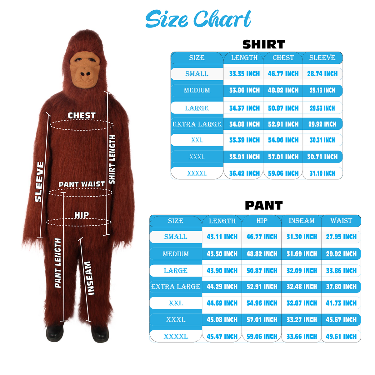 HPO Hairy Unisex Ape Mask and Bodysuit Costume Bundle | Multiple Color Options
