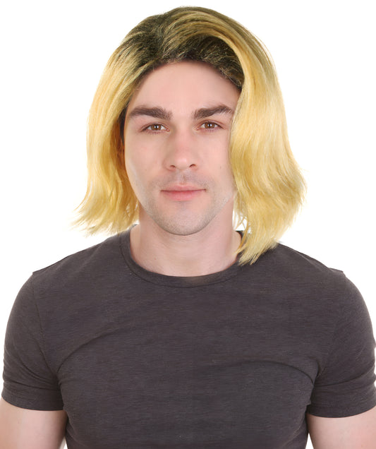 HPO Men’s 90s Grunge Blonde and Black Dyed Roots Center-Parted Medium Wig