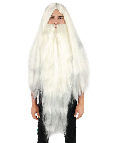 Men’s Fantasy Saga Wizard White Wig with Beard and Mustache Set, Breathable Capless Cap, Flame-retardant Synthetic Fiber