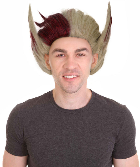 HPO Men's Gaming Character Silver Mix Red Spiky Wig with Two Ears, Perfect for Halloween,Flame-retardant Synthetic Fiber
