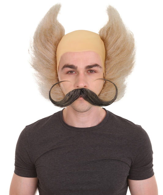 HPO Adult Blonde Side Hair Bald Wig with Mustache I Flame-retardant Synthetic Fiber