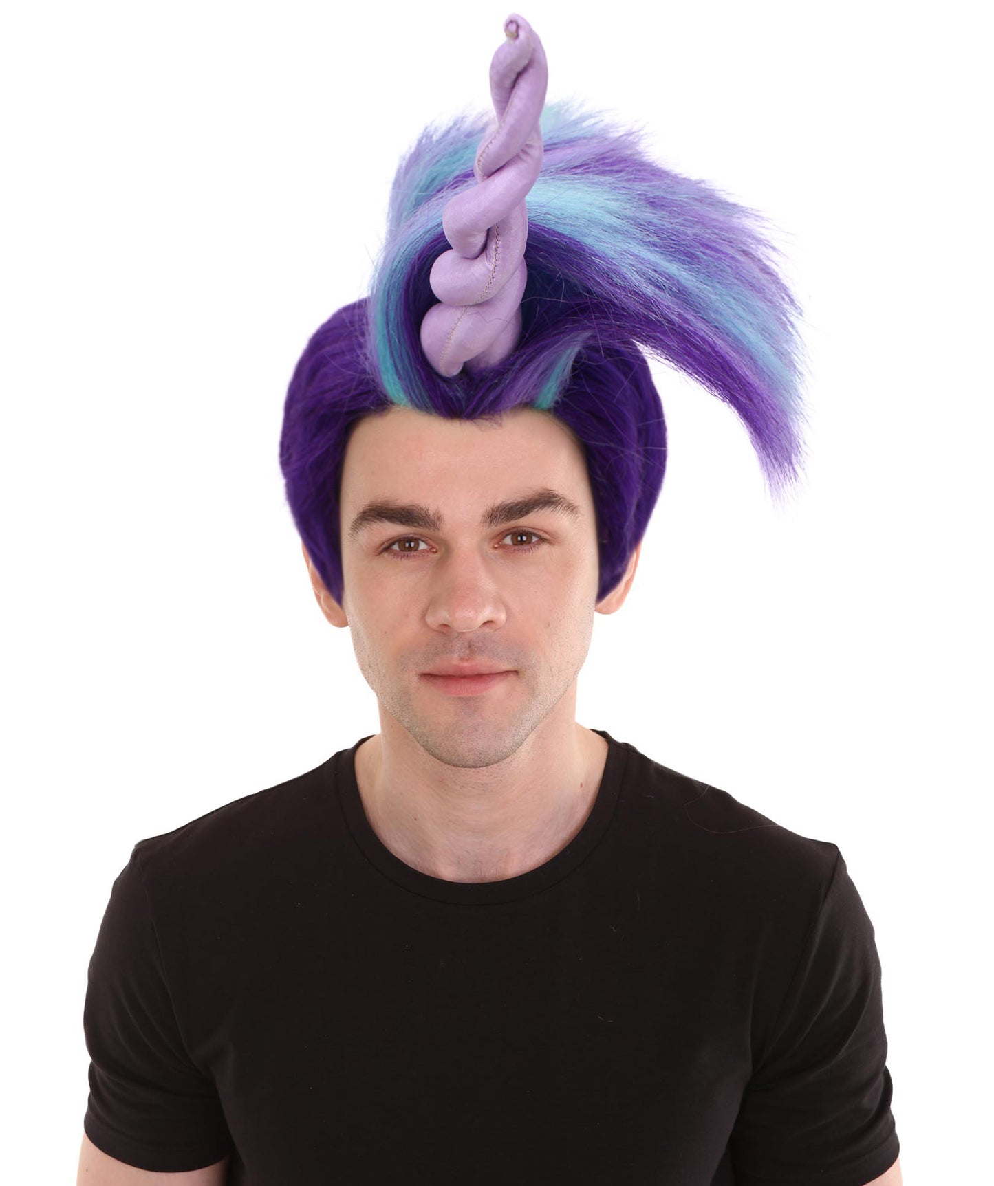 HPO Men's Fairytale Purple & Blue Spiky Wig with Horn I Unicorn Halloween Wig I Flame-retardant Synthetic Fiber