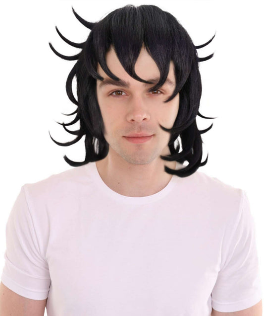 HPO Men's Anime Protagonist Textured Black Color Wig | Perfect for Halloween | Flame-retardant Synthetic Fiber