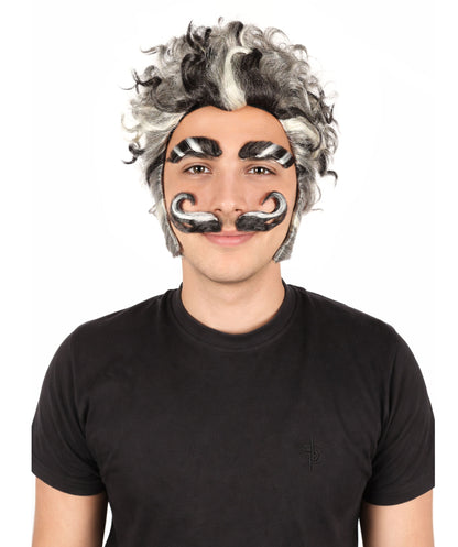 HPO Men's Headmaster Dark Gray Wig with Mustache Set | Halloween Wig | Flame-retardant Synthetic Fiber