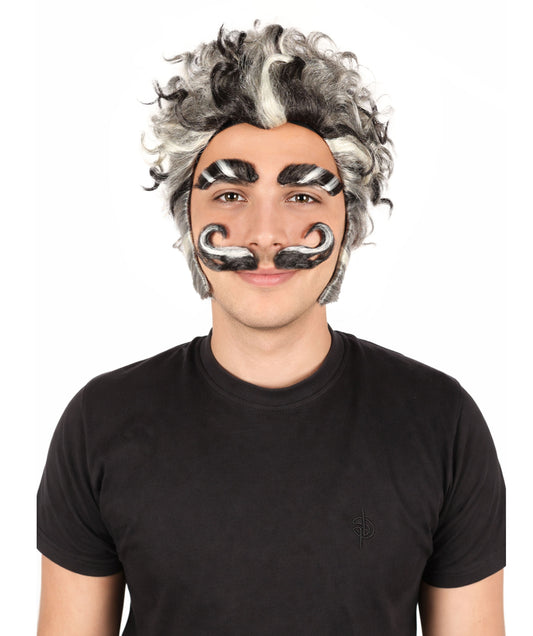 HPO Men's Headmaster Dark Gray Wig with Mustache Set | Halloween Wig | Flame-retardant Synthetic Fiber