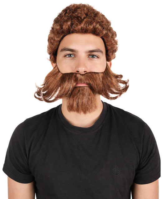 HPO Men's Brown Wig Set with Muttonchop Beard and Mustache | Halloween Wig | Flame-retardant Synthetic Fiber