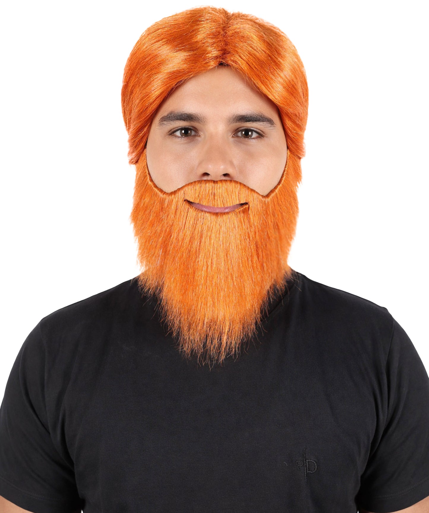 HPO Men Straight Orange Wig with Mustache & Beard For Party, Halloween, Flame-retardant Synthetic Fiber, Breathable capless Design