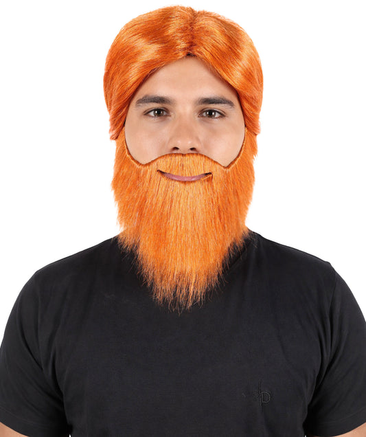 HPO Men Straight Orange Wig with Mustache & Beard For Party, Halloween, Flame-retardant Synthetic Fiber, Breathable capless Design