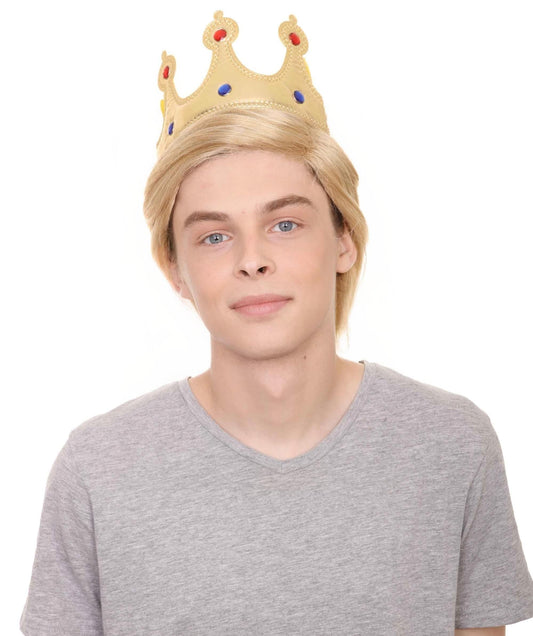 HPO President I Men's Wig, Gold Jeweled Crown Blonde Color Wigs, Premium Breathable Capless Cap