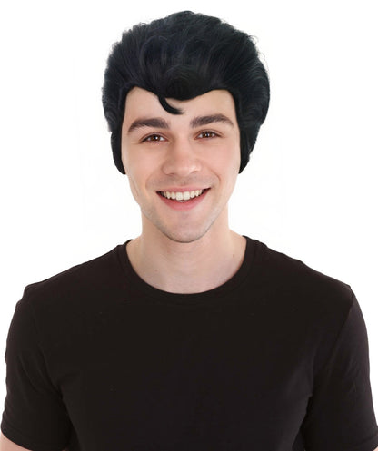 HPO Grease Danny Zuko Wig for Men, Black Slicked-Back Style, Iconic Costume Wig, Premium Breathable Capless Cap with Flame Retardant Synthetic Fiber Hair
