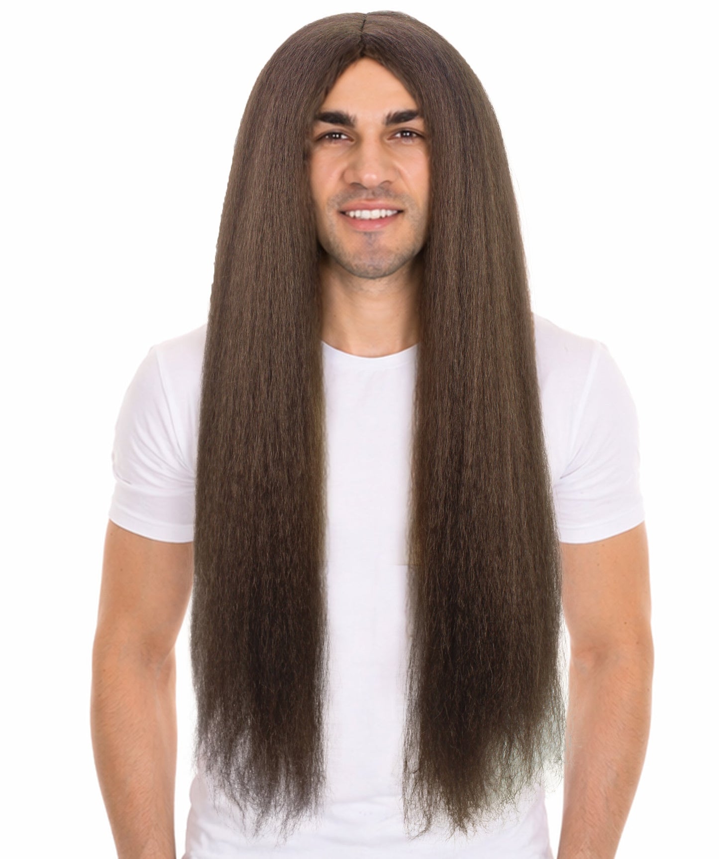 HPO Adult Men's Long Straight Brown Hippy Wig | Halloween and Cosplay Wig | Flame-retardant Synthetic Fiber
