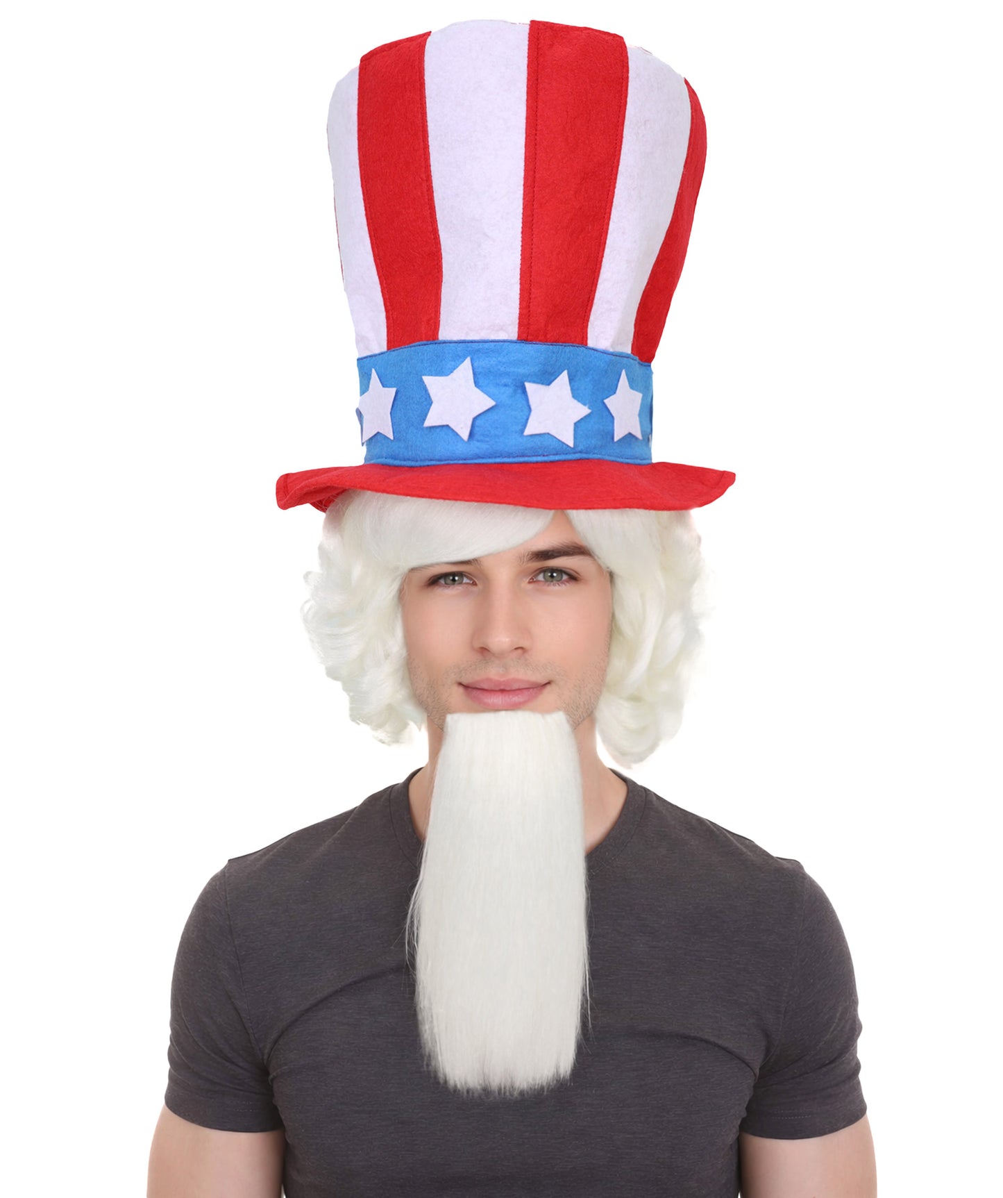 HPO Men's Rubie's  Uncle Sam and Beard Set Costume White Wigs | Includes Wig, Beard, and Head Cap | Perfect for Patriotic Events, Halloween, 4th of July, and Themed Parties | Fun Comfortable and Easy to Wear