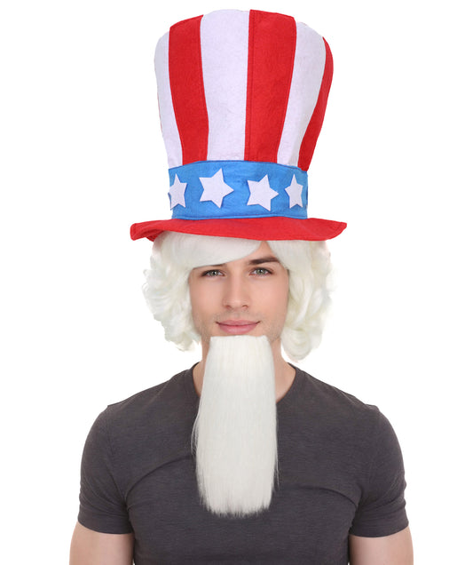 HPO Men's Rubie's  Uncle Sam and Beard Set Costume White Wigs | Includes Wig, Beard, and Head Cap | Perfect for Patriotic Events, Halloween, 4th of July, and Themed Parties | Fun Comfortable and Easy to Wear