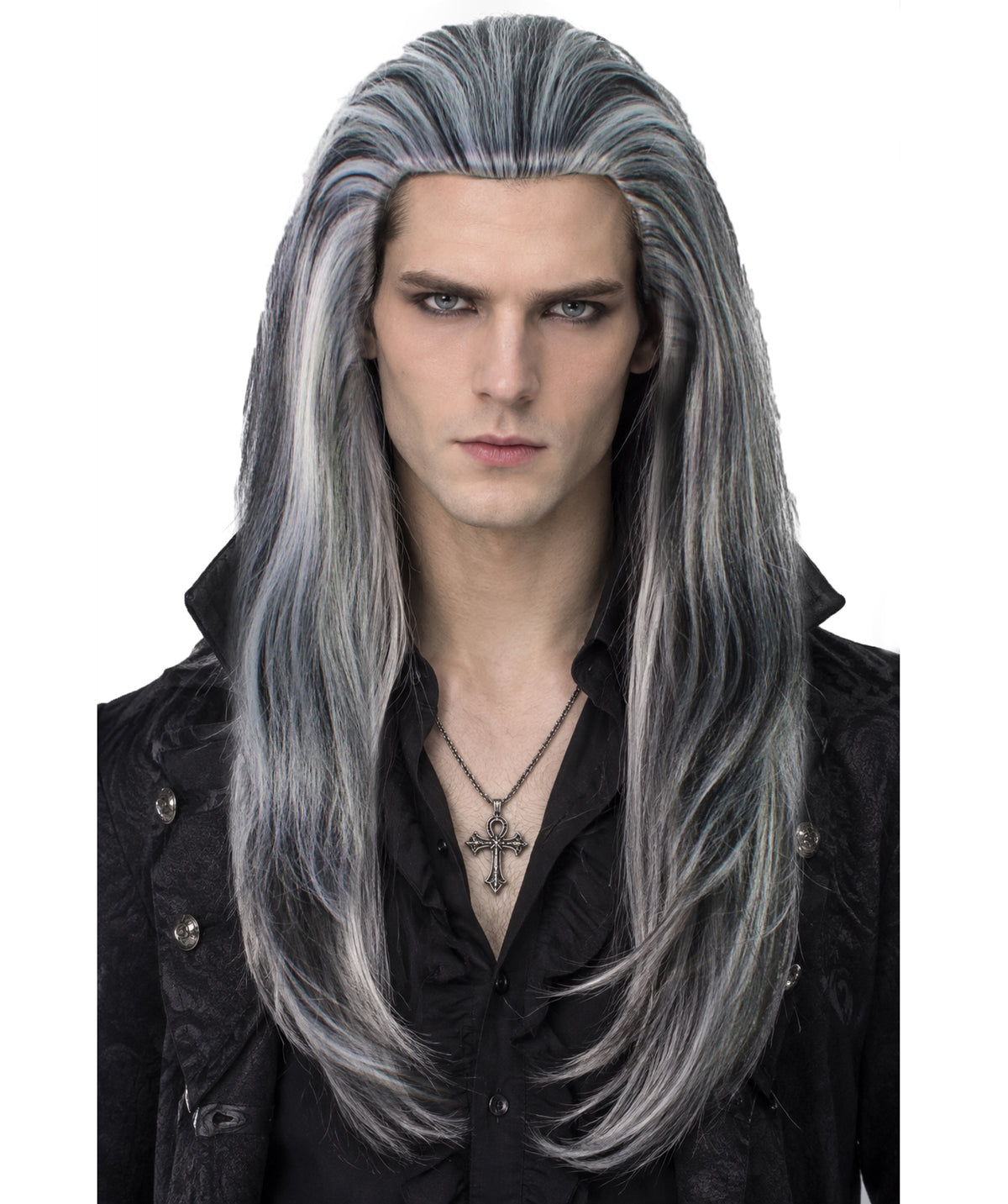 HPO Men Gothic Vampire Wavy White and Black Wig for Men –Long, Stylish and Realistic Hairpiece for Halloween  and Costume Parties – Premium Quality, Comfortable Fit, and Easy to Style!