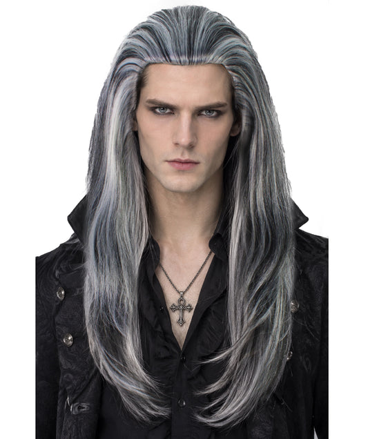 HPO Men Gothic Vampire Wavy White and Black Wig for Men –Long, Stylish and Realistic Hairpiece for Halloween  and Costume Parties – Premium Quality, Comfortable Fit, and Easy to Style!