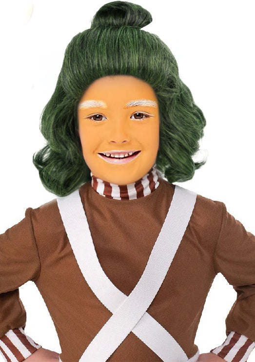 Oompa Loompa Factory Worker Wig – Green Curly Costume Wig for Adults & Kids – Chocolate Factory Worker Halloween Accessory – Willy-Inspired Character Wig for Cosplay & Dress-Up