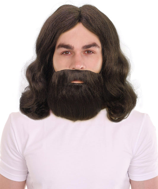 HPO Men's Medium Length Brown Wavy Jesus Wig with Beard and Mustache | Flame-retardant Synthetic Fiber