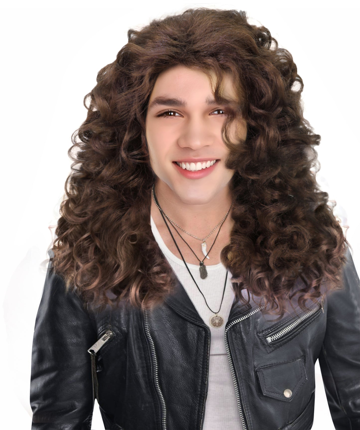 HPO Men Wig Hippie Rock Wavy Mahogany Brown Lightweight Synthetic Fiber, Perfect for 60s & 70s Costumes Halloween and Retro Events,Breathable cap for comfort