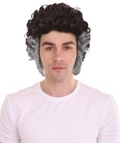 HPO Men’s Brown Curly Retro Wig Set with Grey Sideburns | Funny Pastor Cosplay Hair for Halloween, Cons & Comedy Dress-Up Parties | Capless Cap Design