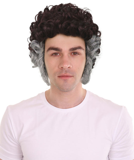 HPO Men’s Brown Curly Retro Wig Set with Grey Sideburns | Funny Pastor Cosplay Hair for Halloween, Cons & Comedy Dress-Up Parties | Capless Cap Design