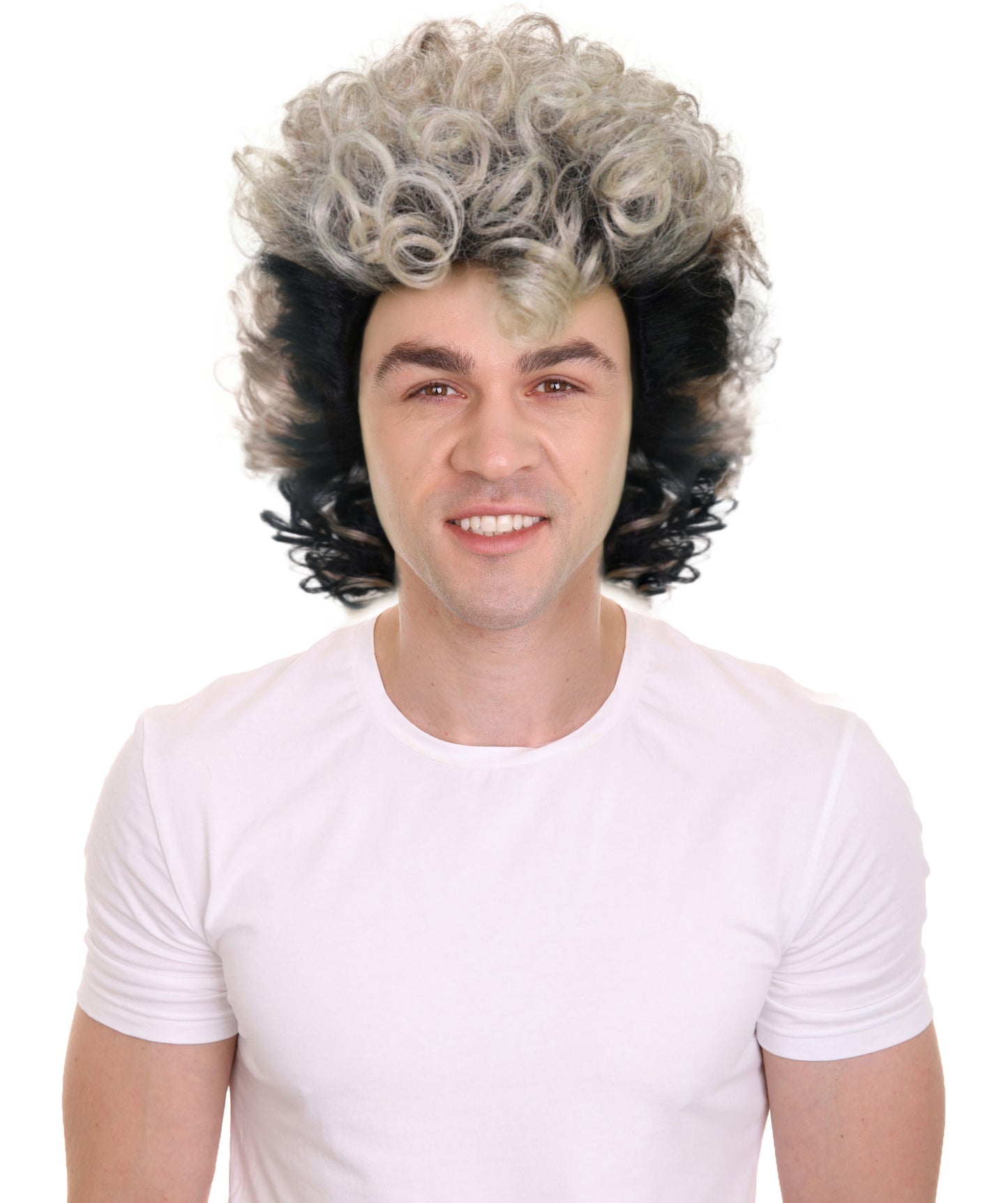 HPO Men’s Rocker 80s Black & Brown Highlighted Mullet Wig | Funny Curly Hairpiece with Capless Cap Design | Ideal for Halloween and cosplay