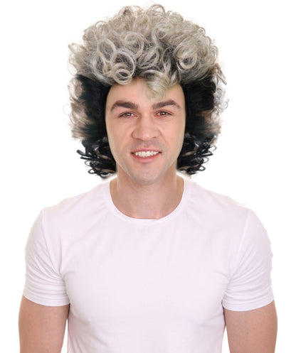 HPO Men’s Rocker 80s Black & Brown Highlighted Mullet Wig | Funny Curly Hairpiece with Capless Cap Design | Ideal for Halloween and cosplay