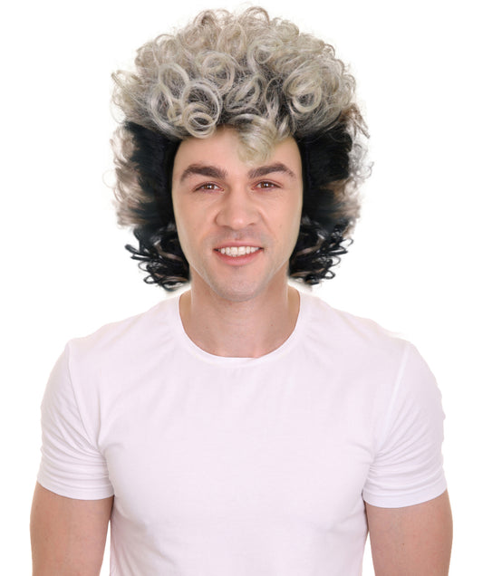 HPO Men’s Rocker 80s Black & Brown Highlighted Mullet Wig | Funny Curly Hairpiece with Capless Cap Design | Ideal for Halloween and cosplay