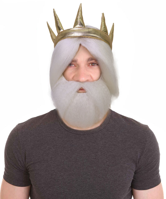 HPO Men’s Fantasy Character White Wig Beard & Mustache Set | Short Curly Hair Costume Accessory for Mythical Sea Roleplay, Festivals & Dress-Up Parties | Breathable Capless cap Design