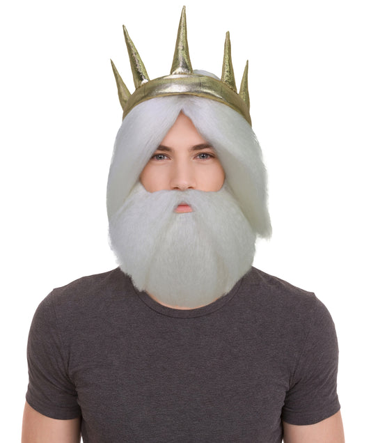 HPO Men’s Fantasy Character White Wig Beard & Mustache Set | Short Curly Hair Costume Accessory for Mythical Sea Roleplay, Festivals & Dress-Up Parties | Breathable Capless cap Design