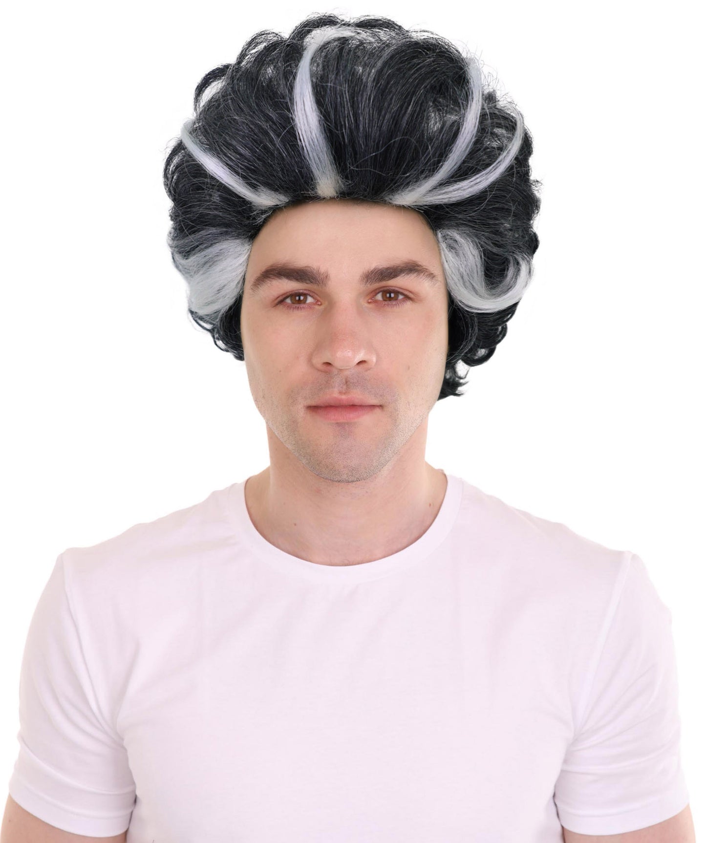 HPO Adult Men's Grey Short Wavy Wig with Highlights | Salt and Pepper Hair Wig for Halloween themed Party | Flame-retardant Synthetic Fiber
