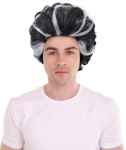 HPO Adult Men's Grey Short Wavy Wig with Highlights | Salt and Pepper Hair Wig for Halloween themed Party | Flame-retardant Synthetic Fiber
