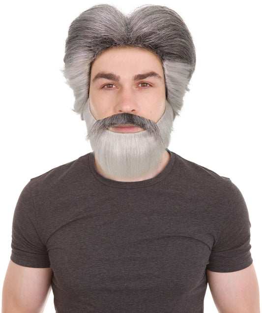 HPO Adult Men’s Franco Culture Modern Grey Halloween Wig, Mustache & Beard Set | Synthetic Flame‑Retardant Fiber | Breathable Capless Cap for Stage & Party