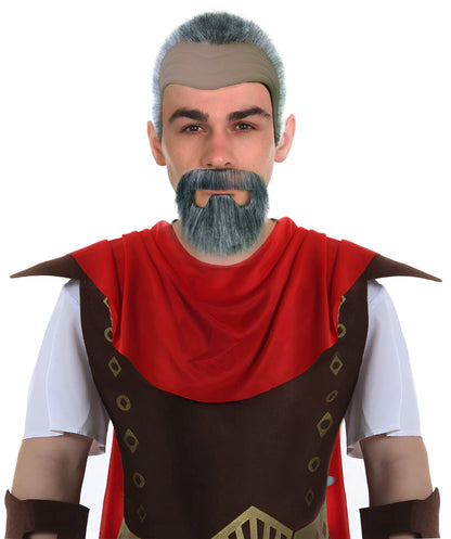 HPO Men’s Roman Emperor Macrinus White and Brown Wig and Mustache & Beard Set | Short Curly Dark Historical Hairpiece | Synthetic Fiber, Breathable Cap for Theater, Halloween