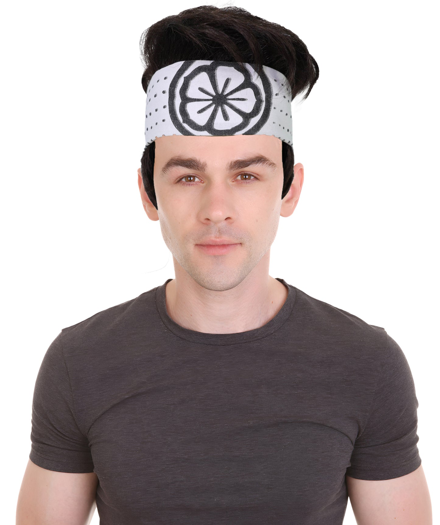 HPO Men’s Short Black Wig with Headband | Karate Legends Inspired Cosplay Hairpiece | Halloween Martial Arts Roleplay & Stage