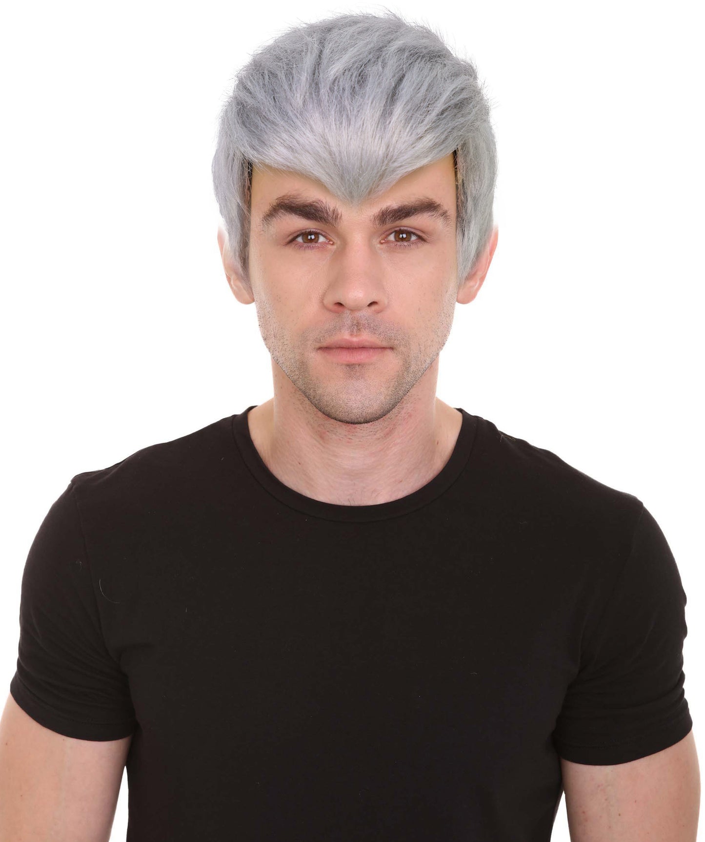 HPO Men's Futuristic Spiky Grey Fighter Wig | Short Textured Cosplay Hairpiece | Combat-Inspired Costume Wig for Halloween, Cosplay, Stage Acts & Themed Events
