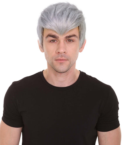 HPO Men's Futuristic Spiky Grey Fighter Wig | Short Textured Cosplay Hairpiece | Combat-Inspired Costume Wig for Halloween, Cosplay, Stage Acts & Themed Events