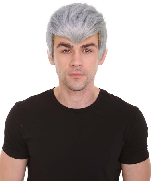 HPO Men's Futuristic Spiky Grey Fighter Wig | Short Textured Cosplay Hairpiece | Combat-Inspired Costume Wig for Halloween, Cosplay, Stage Acts & Themed Events