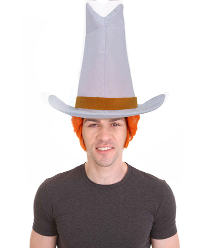 HPO Troll-Inspired Cowboy Wig – Funny Orange Character Hair with Tall White Hat Style | Halloween & Party Use