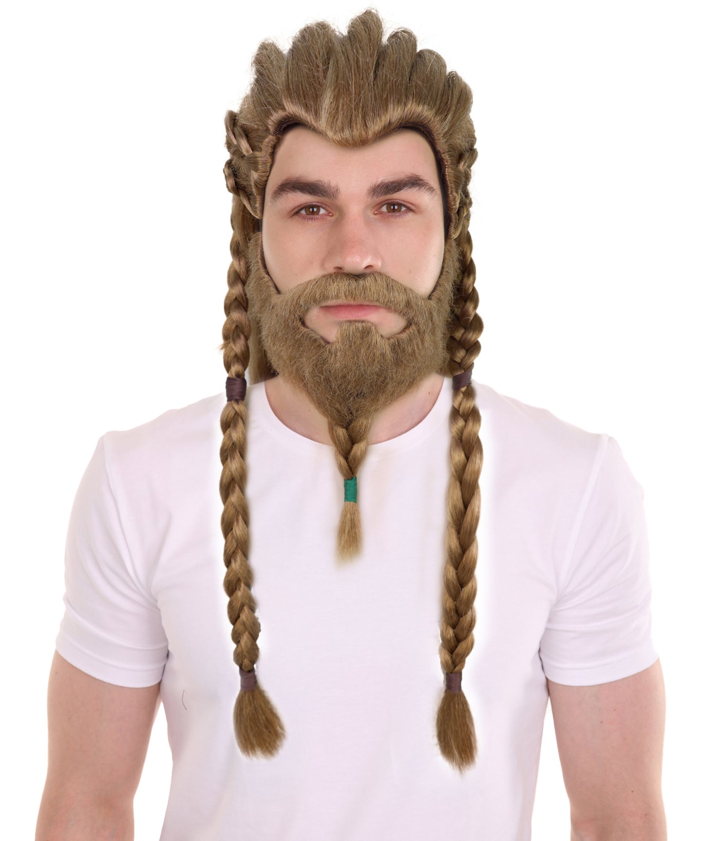 HPO Men's Viking Braided Brown Wig, Beard & Mustache Set | Long Synthetic Hair with Braided Styling | Nordic Warrior Inspired or Festivals, Parties