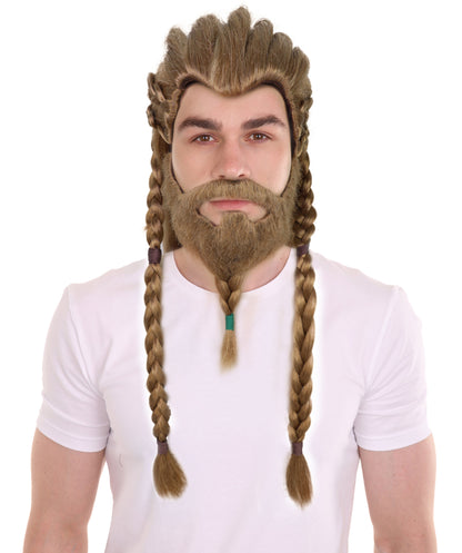 HPO Men's Viking Braided Brown Wig, Beard & Mustache Set | Long Synthetic Hair with Braided Styling | Nordic Warrior Inspired or Festivals, Parties