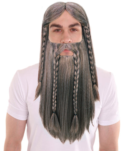 HPO Men’s Deluxe Long Wig & Beard Mustache Set | Ash Brown Braided Viking Style Costume Hair | Ideal for Halloween | Breathable Capless Cap