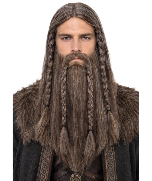 HPO Men’s Deluxe Long Wig & Beard Mustache Set | Ash Brown Braided Viking Style Costume Hair | Ideal for Halloween | Breathable Capless Cap